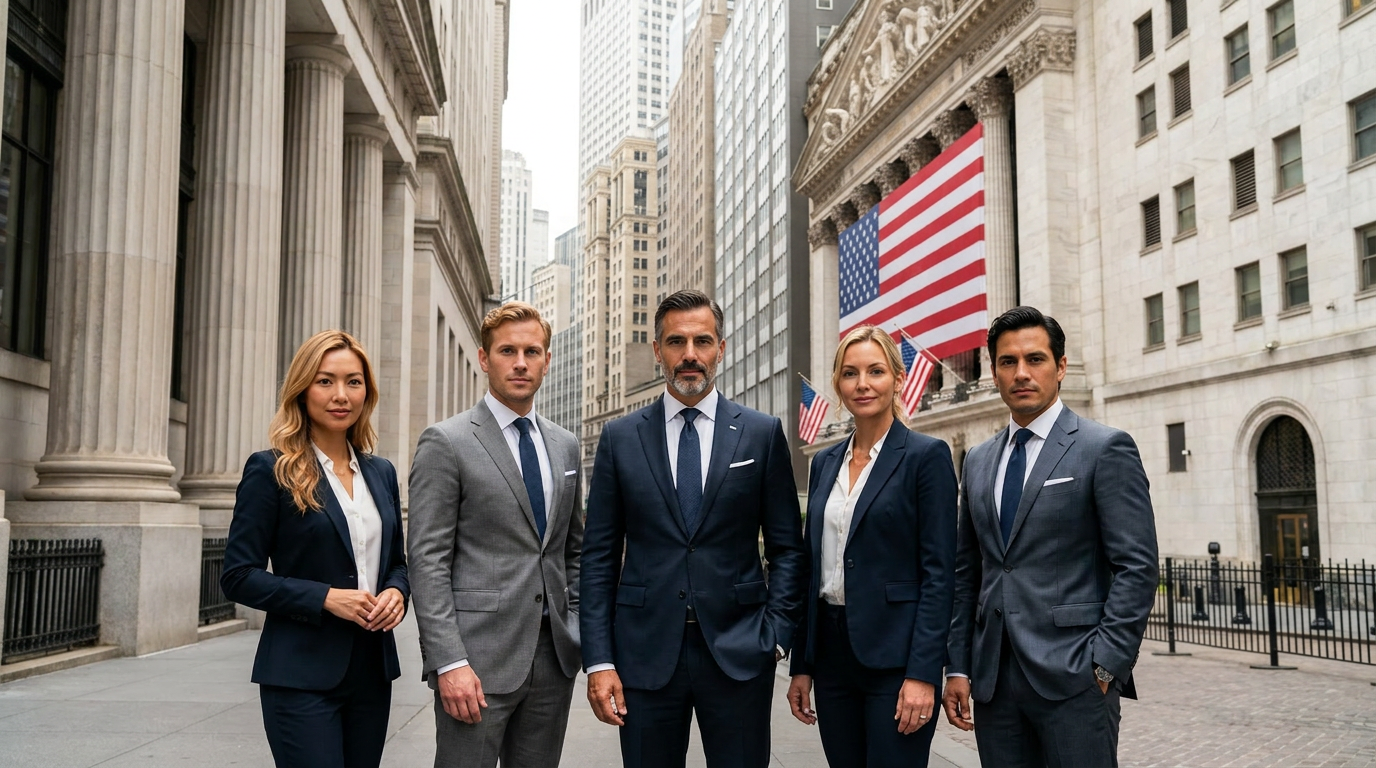 The Ask the AI Council board standing together outside the New York Stock Exchange on Wall Street — Dr. Sophia Chen (Innovation), Alexander Weiss (Operations), Chairman Jonathan Pierce, Charlotte Bauer (Growth), and Gabriel Morales (Finance)